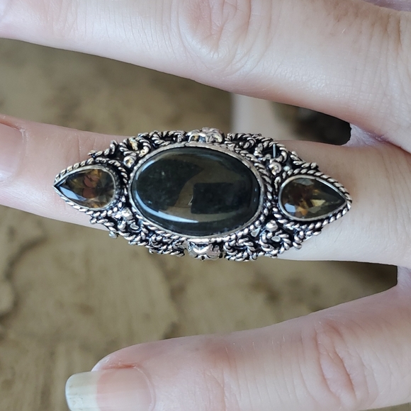 New Silver Sheen Obsidian & Smoky Topaz 925 Silver Statement Ring. - Picture 8 of 13